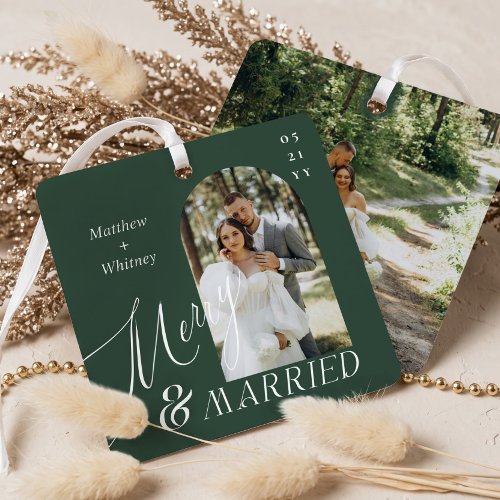 Merry & Married Script Modern Engagement Photo Metal Ornament