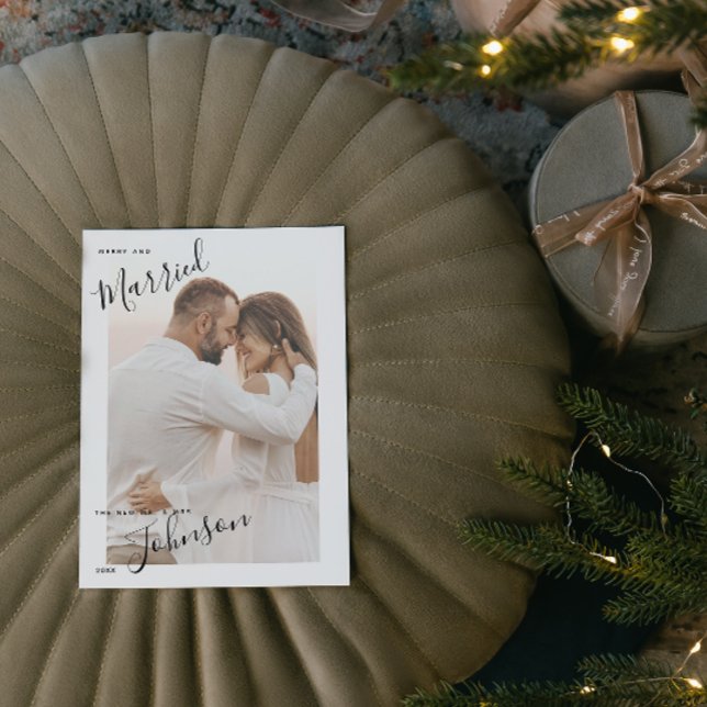 Merry & Married Script Name Photo Christmas Card (Married & Merry: Celebrating Love This Christmas 🎄❤️)