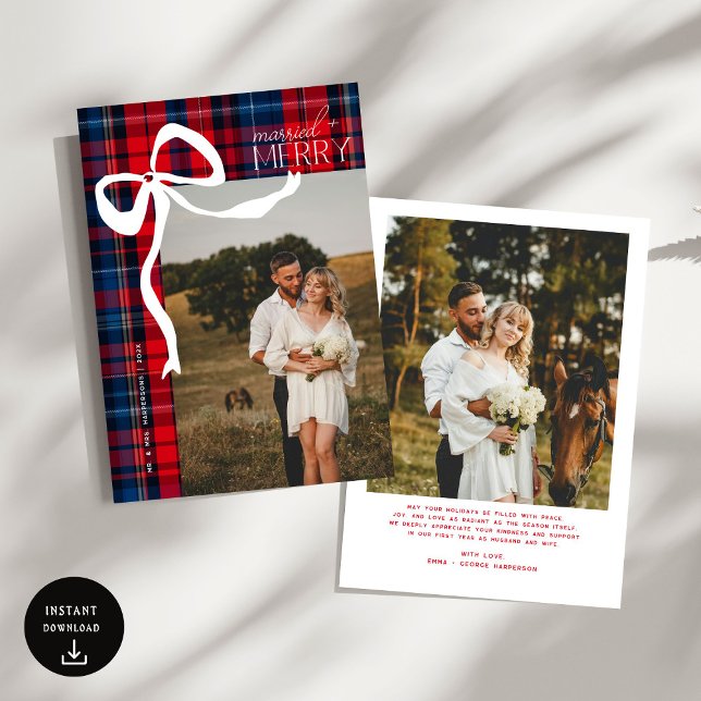 Merry & Married Script Photo Christmas Tartan Bow  Holiday Card (Creator Uploaded)