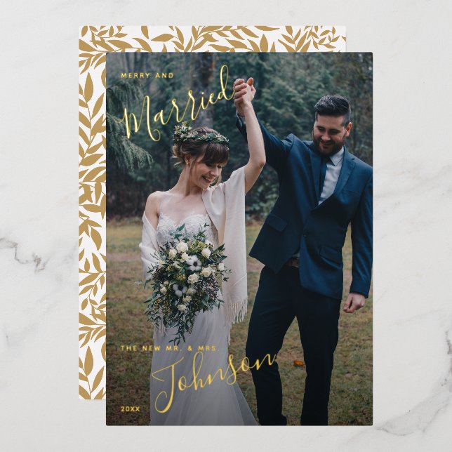 Merry & Married Script Wedding Photo Foil Holiday  (Front/Back)