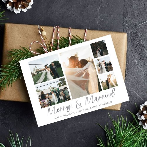 Merry  Married Silver 6 Multi Photo Holiday Card