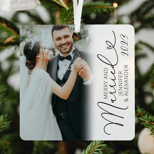 Merry  Married Simple Photo Christmas Metal Ornament