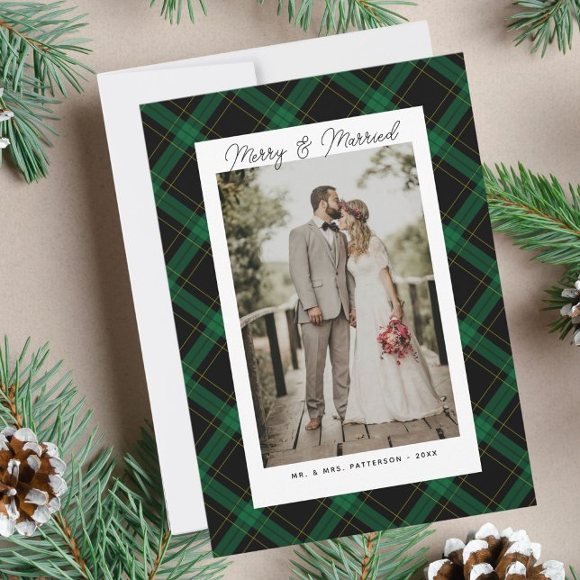 Merry & Married Tartan Plaid Photo Collage Custom Holiday Card (Creator Uploaded)