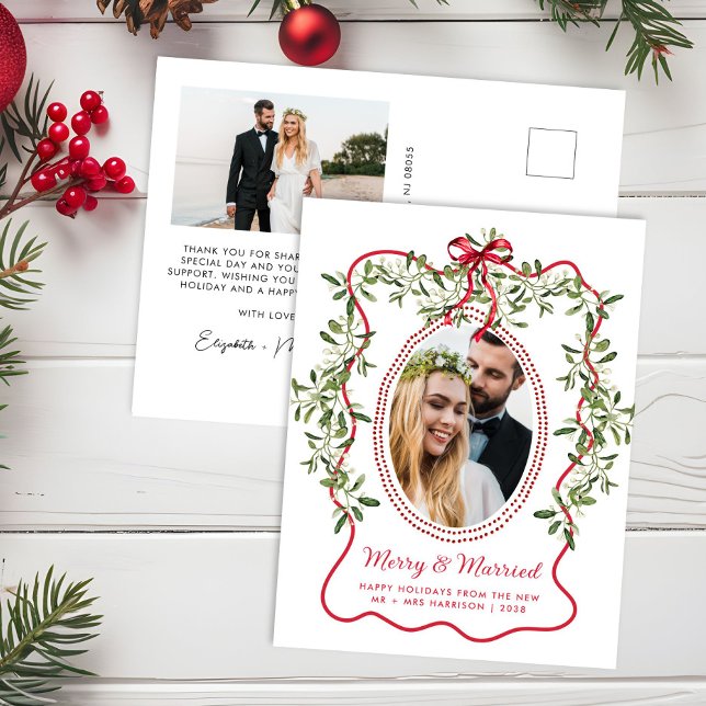 Merry Married Wavy Frame Newlyweds Christmas Photo Holiday Postcard (Creator Uploaded)