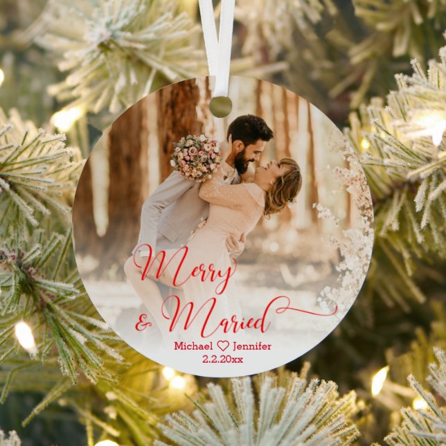 merry&married wedding 2 photos red calligraphy  metal ornament (Insitu)