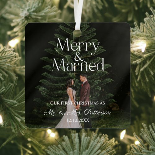 Merry &amp; Married Wedding First Christmas Metal Ornament