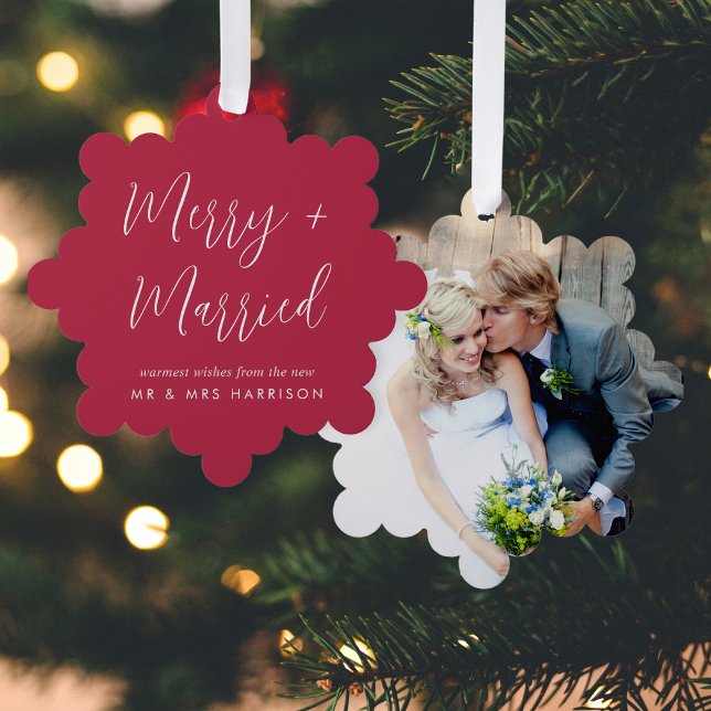 Merry Married Wedding Photo Christmas Holiday Ornament Card (A beautiful & unique way to announce your marriage this holiday season)
