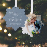 Merry Married Wedding Photo Dusty Blue Christmas Ornament Card<br><div class="desc">Modern dusty blue holiday greeting card and wedding announcement that is also a keepsake tree ornament. The front features "Merry and Married" in a chic white script and your married name in simple white typography. Your favorite wedding day photo fills the back of the card.</div>