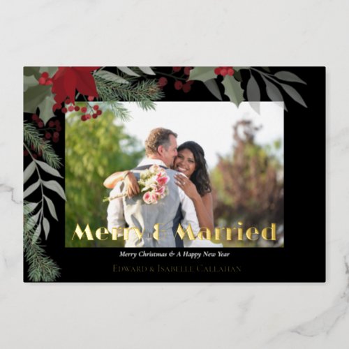 Merry  Married Wedding Photo Green Foliage Black Foil Holiday Card