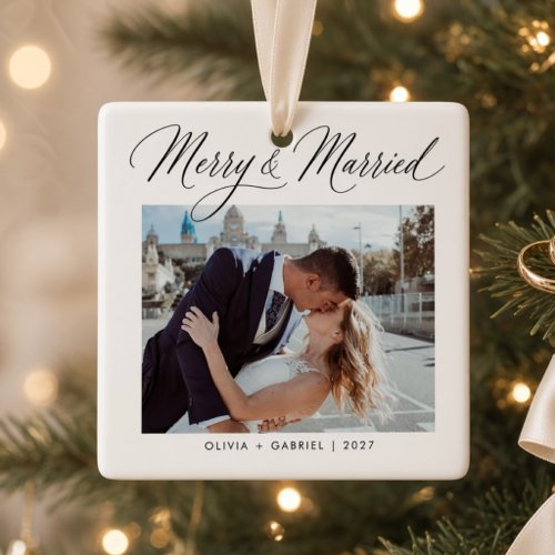 Merry & Married  Wedding Photo Newlywed Ceramic Ornament