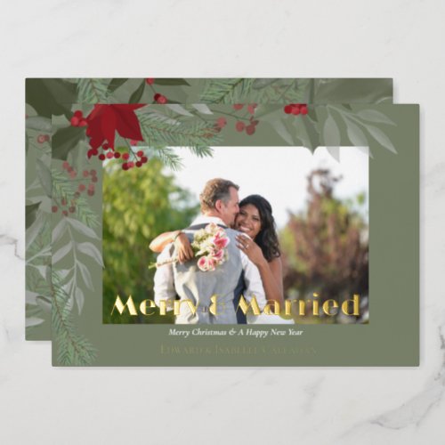 Merry  Married Wedding Photo Sage Green Foliage Foil Holiday Card