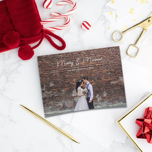 Merry Married White Script Overlay Wedding Photo Holiday Card