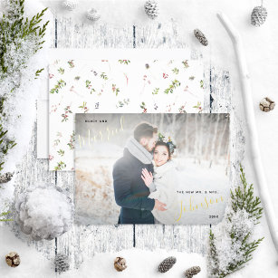 Merry & Married Winter Berry Wedding Photo Foil Holiday Card