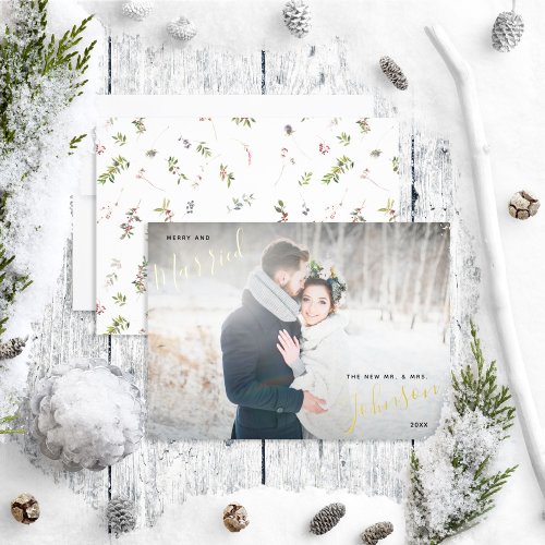 Merry  Married Winter Berry Wedding Photo Foil Holiday Card