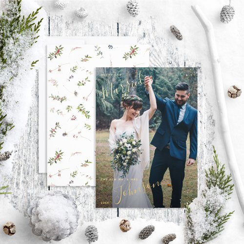Merry  Married Winter Berry Wedding Photo Foil Holiday Card