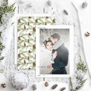 Merry & Married Winter Fir Cone Wedding Photo Foil Holiday Card