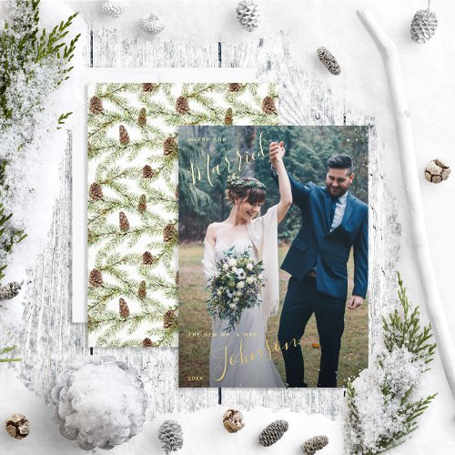 Merry  Married Winter Fir Cone Wedding Photo Foil Holiday Card