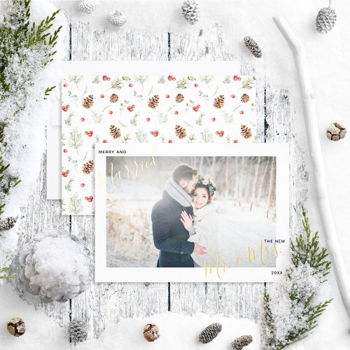 Merry  Married Winter Pine Berry Wedding Photo  Foil Holiday Card
