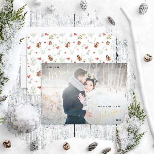 Merry  Married Winter Pine Berry Wedding Photo Foil Holiday Card