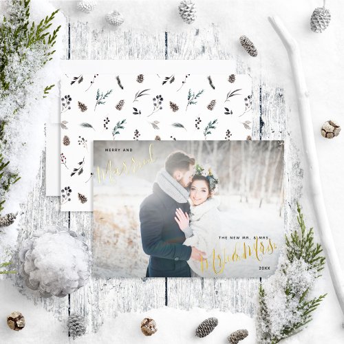 Merry  Married Winter Pinecone Wedding Photo Foil Holiday Card
