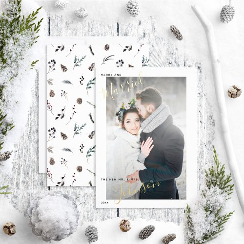Merry  Married Winter Pinecone Wedding Photo Foil Holiday Card