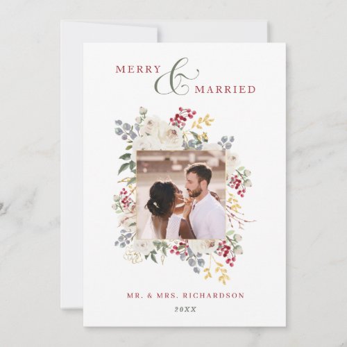 Merry  Married Winter Roses  Berries Photo Holiday Card