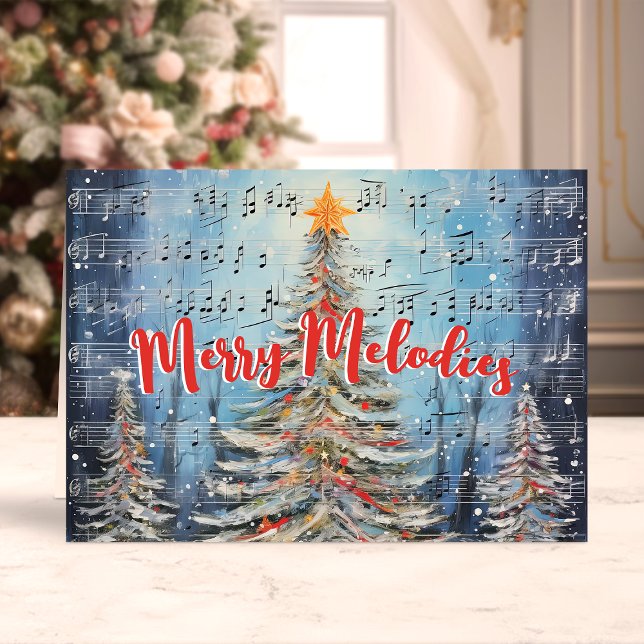 Merry Melodies Watercolor Musical Christmas Trees Holiday Card (Creator Uploaded)