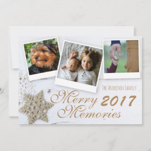 Merry Memories 3 Family Photo Rustic Snowflakes Holiday Card