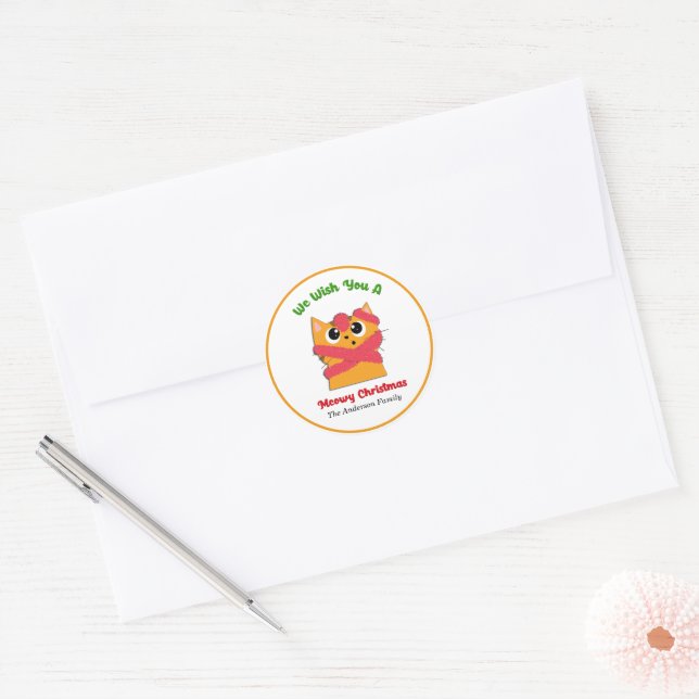 Merry Meowy Christmas Pet Cat Holiday Personalize Classic Round Sticker (Envelope)