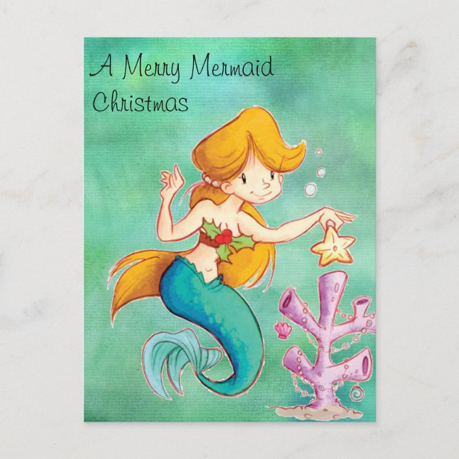 Merry Mermaid Christmas Holiday Postcard (Front)