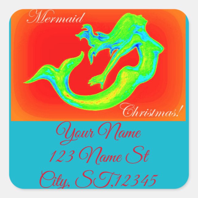 merry mermaid christmas square sticker (Front)