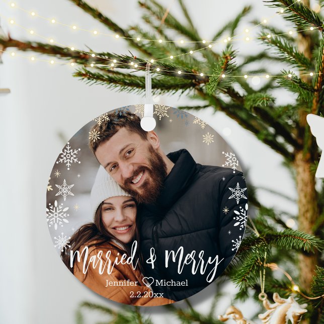 merry&merried christmas snowflakes couple photo  metal ornament (Creator Uploaded)