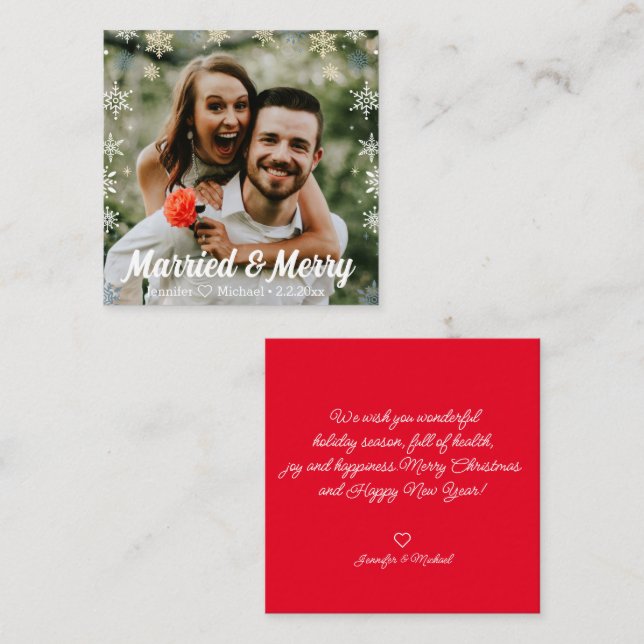 merry&merried,snowflakes holiday photo wedding  note card (Front/Back)