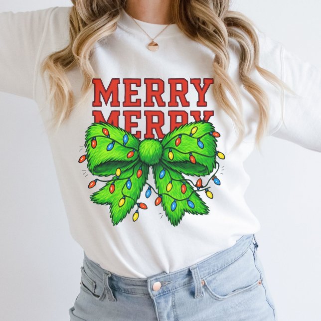 Merry Merry Christmas Lights Green Bow Holiday Sweatshirt (Merry Merry Christmas Sweatshirt Green Bow with Christmas lights. Festive Gift for her, mom)