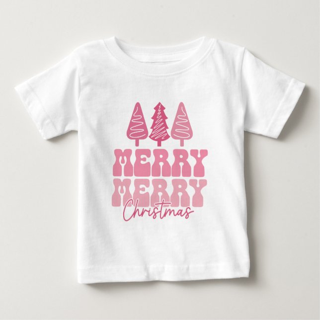 Merry Merry Christmas - Pink Holiday Design Baby T-Shirt (Front)