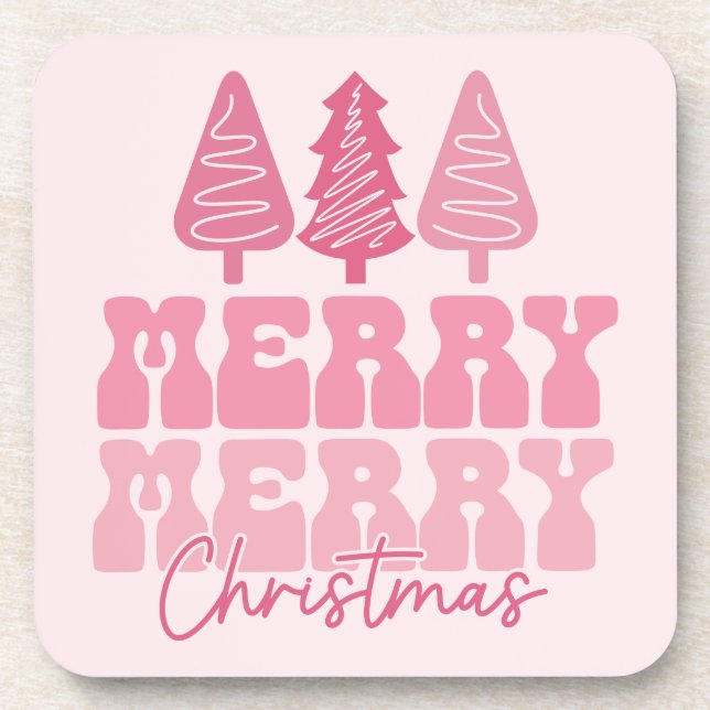 Merry Merry Christmas - Pink Holiday Design Beverage Coaster (Front)