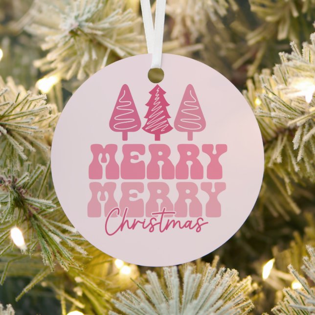 Merry Merry Christmas - Pink Holiday Design Metal Ornament (Insitu)