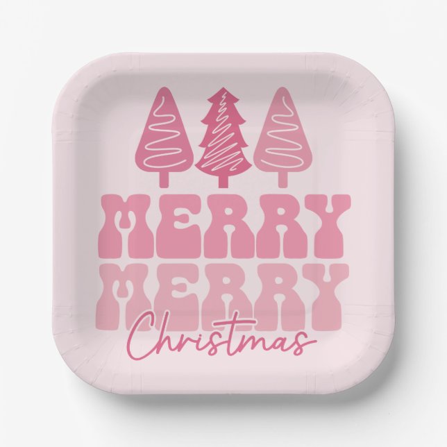 Merry Merry Christmas - Pink Holiday Design Paper Plates (Front)