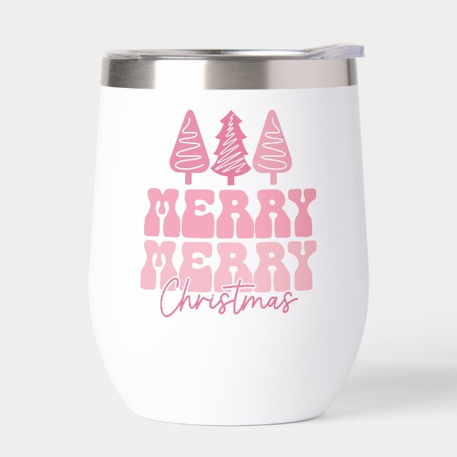 Merry Merry Christmas - Pink Holiday Design Thermal Wine Tumbler (Left)