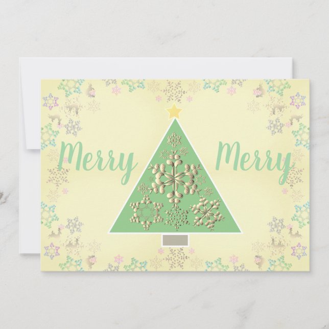"Merry Merry" Christmas Tree & Snowflakes Holiday Card (Front)