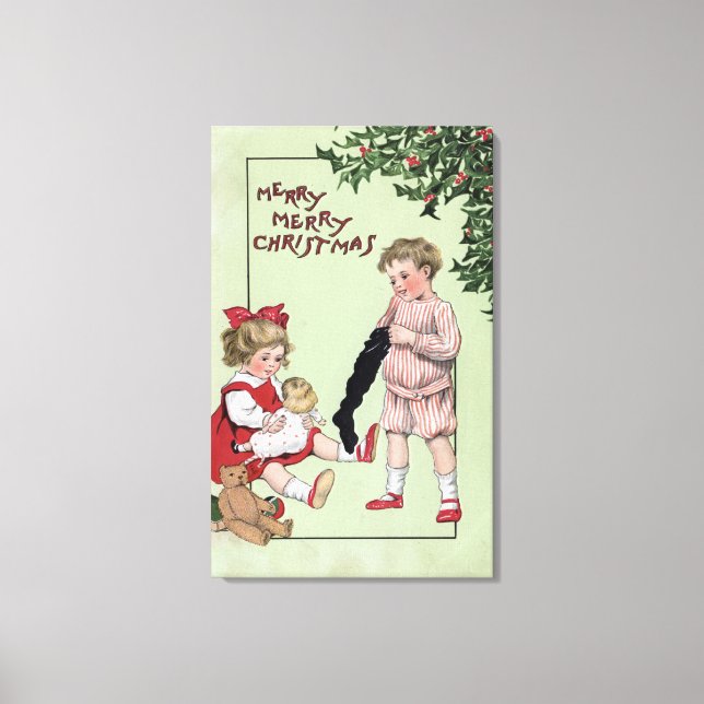 Merry Merry ChristmasKids with Toys by Tree Canvas Print (Front)