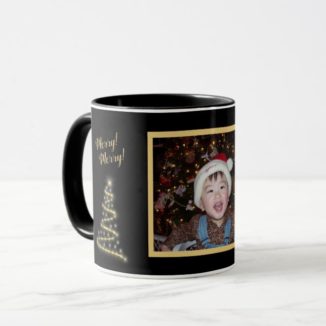 Merry! Merry! ~ Gold Christmas Tree ~ Family Photo Mug (Front Left)
