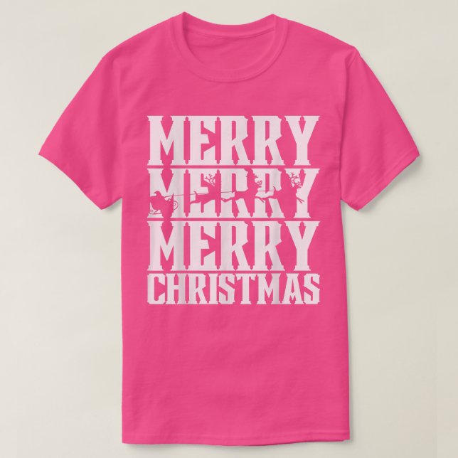 Merry Merry Merry Christmas Santas Sleigh & Flying T-Shirt (Design Front)