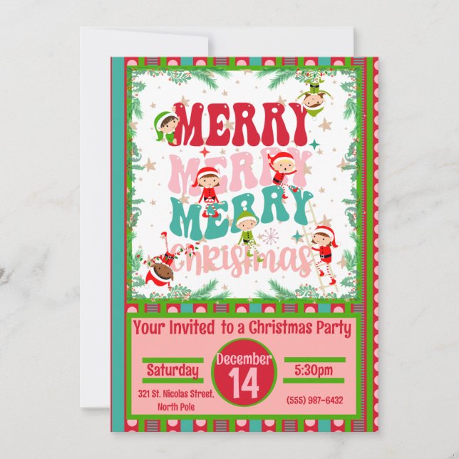 Merry Merry Merry Christmas with Elf Children Invitation (Front)