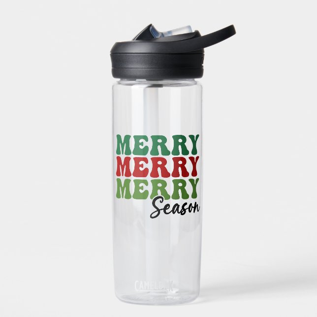 Merry Merry Merry Season - Retro Holiday Art Water Bottle (Left)