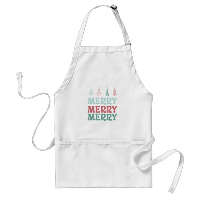 Merry Merry Merry with Pastel Boho Christmas Trees Adult Apron (Front)