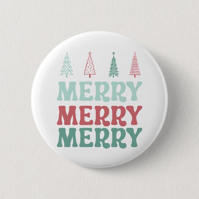 Merry Merry Merry with Pastel Boho Christmas Trees Button (Front)