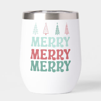 Merry Merry Merry with Pastel Boho Christmas Trees Thermal Wine Tumbler