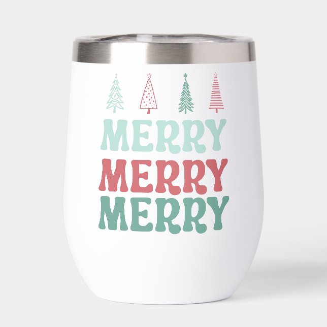 Merry Merry Merry with Pastel Boho Christmas Trees Thermal Wine Tumbler (Back)