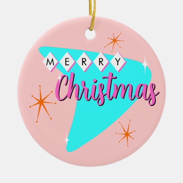 Merry Mid Century Christmas Ceramic Ornament (Front)